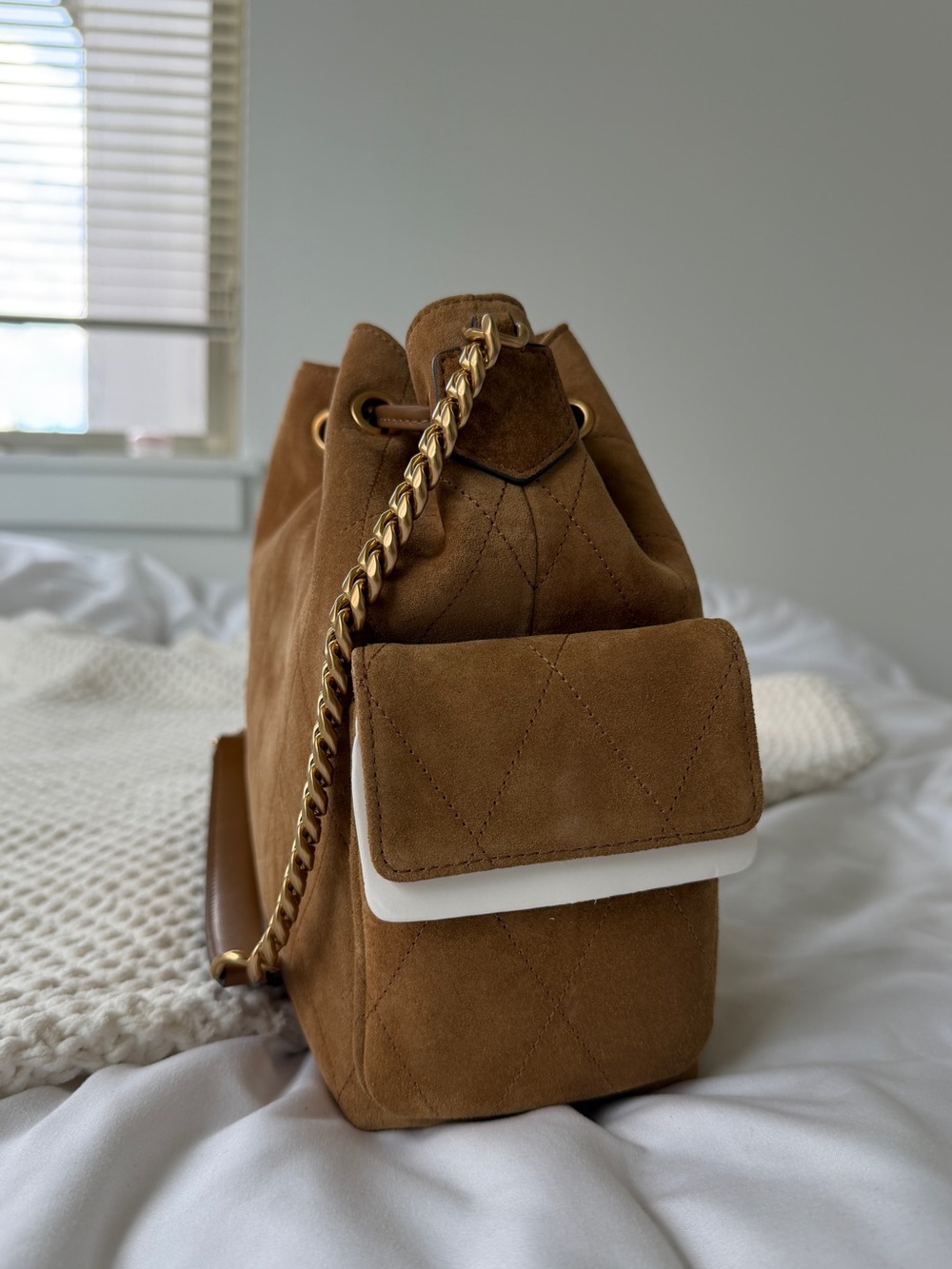 Tory Burch Charlie Quilted Suede Drawstring Shoulder in Toffee - Picture 5 of 6